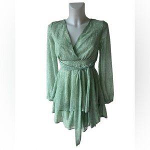 Japna Light Green Floral Tiered Flowing Long Sleeve  Mini Dress Small